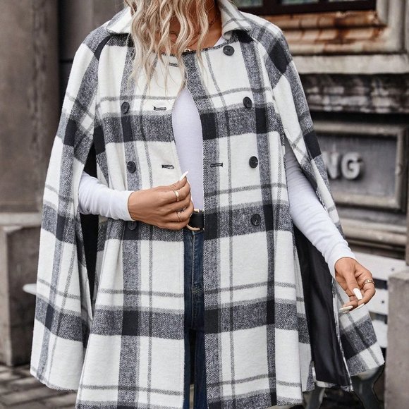 MODA ME COUTURE Jackets & Blazers - Plaid Print Cloak Sleeve Double Breasted Cape